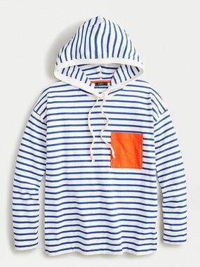 J. Crew White and Blue Striped Hooded Pullover with Orange Chest Pocket